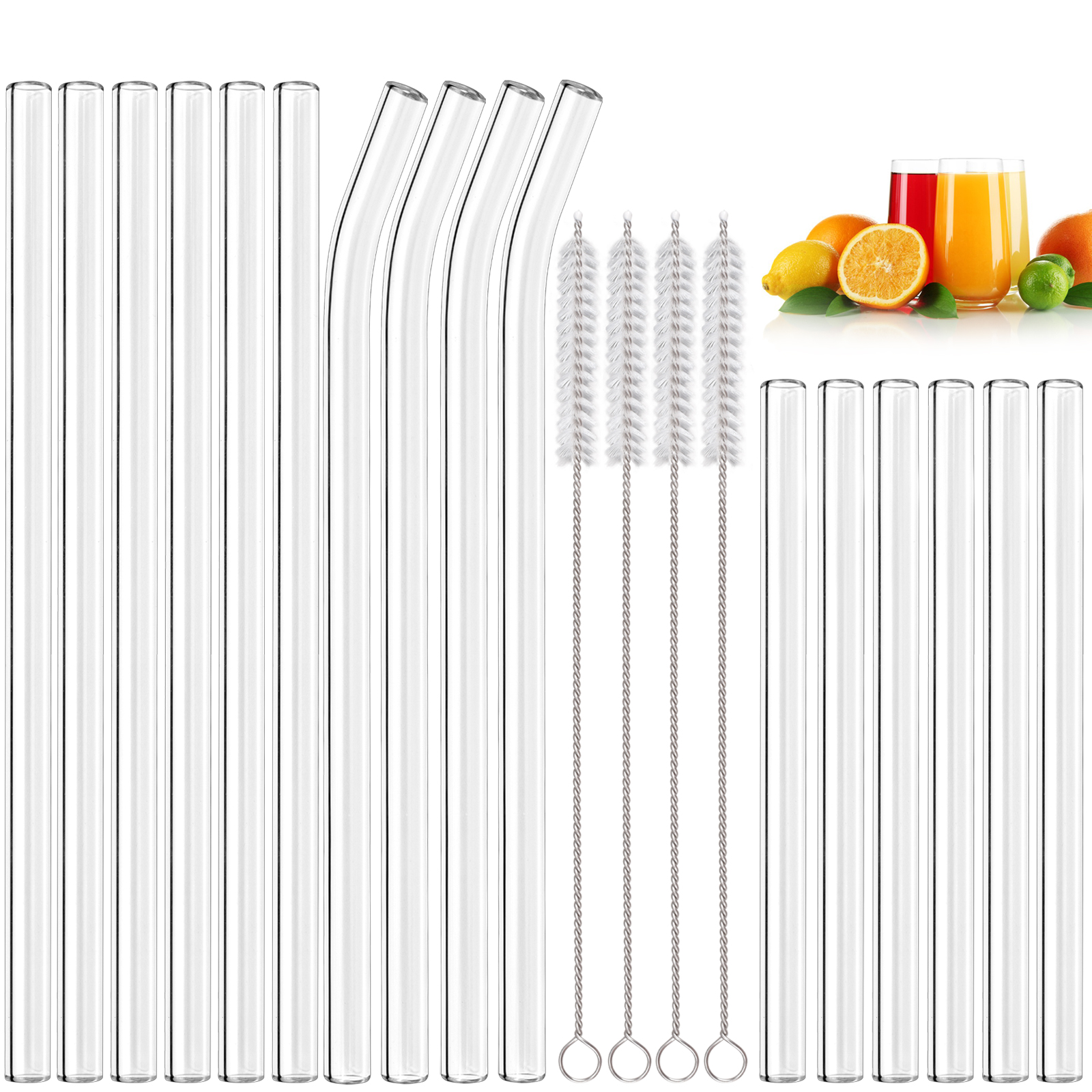 6 Stück Wiederverwendbare Glasstrohhalme – 3 Gebogen & 3 Gerade (je 20 Cm), Bruchsicher, Spülmaschinenfest Inkl. Reinigungsbürsten