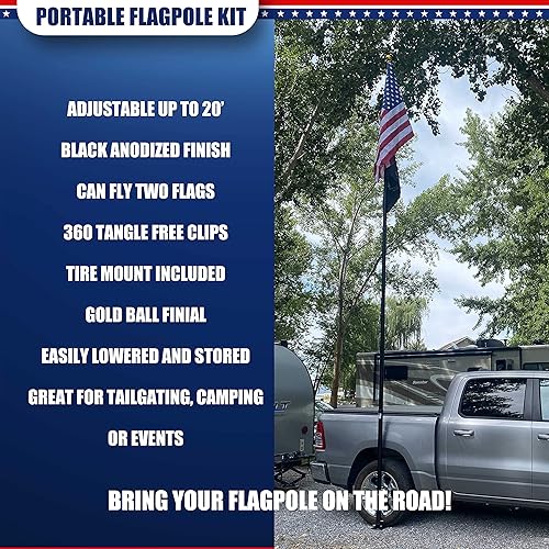 Miniatura 8 de Service First Paquete completo de mástil de bandera negro para portón trasero de 20 pies con soporte de neumático de acero inoxidable y anillos