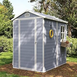 Aoxun 4 x 6 FT Outdoor Storage Shed with Window, Resin Shed with Floor & Lockable Doors, Small Garden Shed Waterproof Plastic Tool Shed with Sloped Roof for Backyard, Garden, Patio, Lawn, Grey