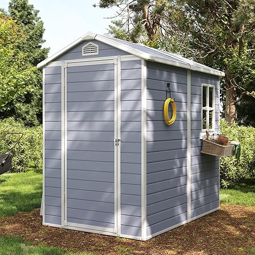 Aoxun 4 x 6 FT Outdoor Storage Shed with Window, Resin Shed with Floor & Lockable Doors, Small Garden Shed Waterproof Plastic Tool Shed with Sloped Roof for Backyard, Garden, Patio, Lawn, Grey