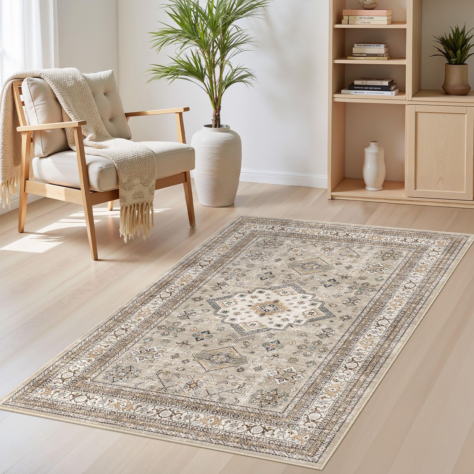 Vintage Living Room Area Rug 3x5 - Large Soft Washable Oriental Traditional Distressed Farmhouse Rugs for Bedroom - Indoor Floor Accent Carpet for Home Office House Decor - Beige โ image 1