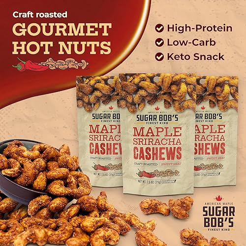 Miniatura 3 de Sugar Bobs Finest Kind Anacardos de arce Sriracha frutos secos dulces y salados tostados lentos hechos a mano en Vermont 25 onzas paquete de 3