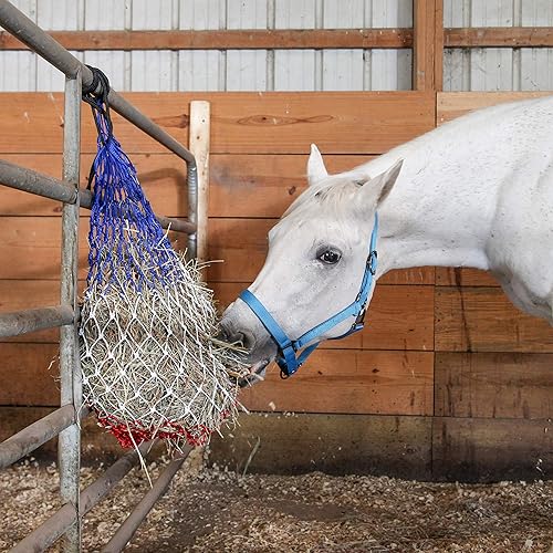 Miniatura 4 de Majestic Ally 2 redes de heno de alimentación lenta de 42 pulgadas para caballos, agujeros pequeños fuertes de 2 x 2 pulgadas, cuerda de nailon