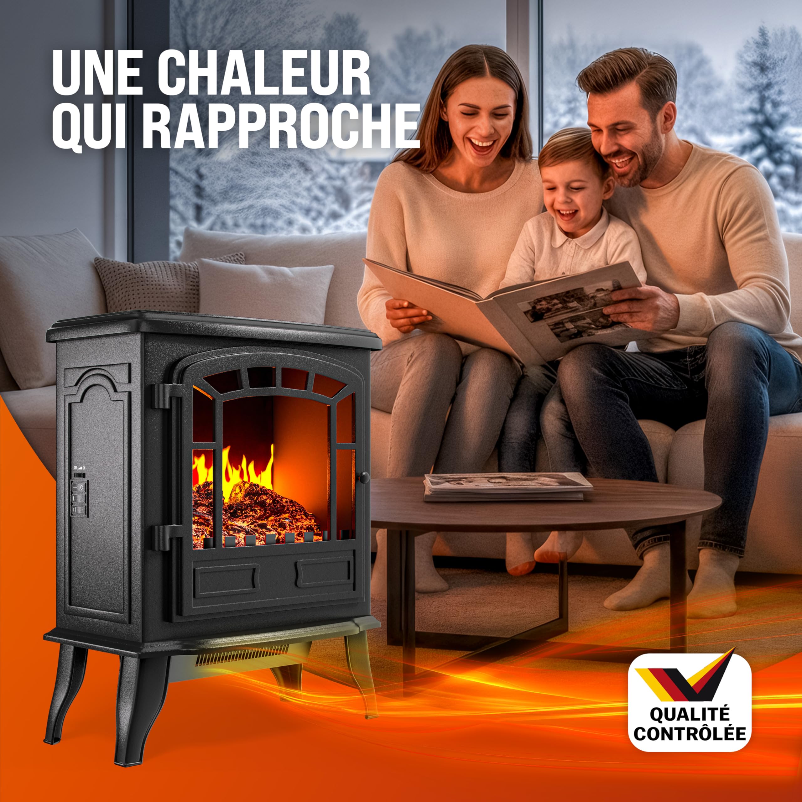MONZANA® Cheminée électrique Effet Flamme LED 2000 W 2 Niveaux de Chauffage radiateur électrique Fausse cheminée chauffante Chauffage d'appoint 30 m² Noir