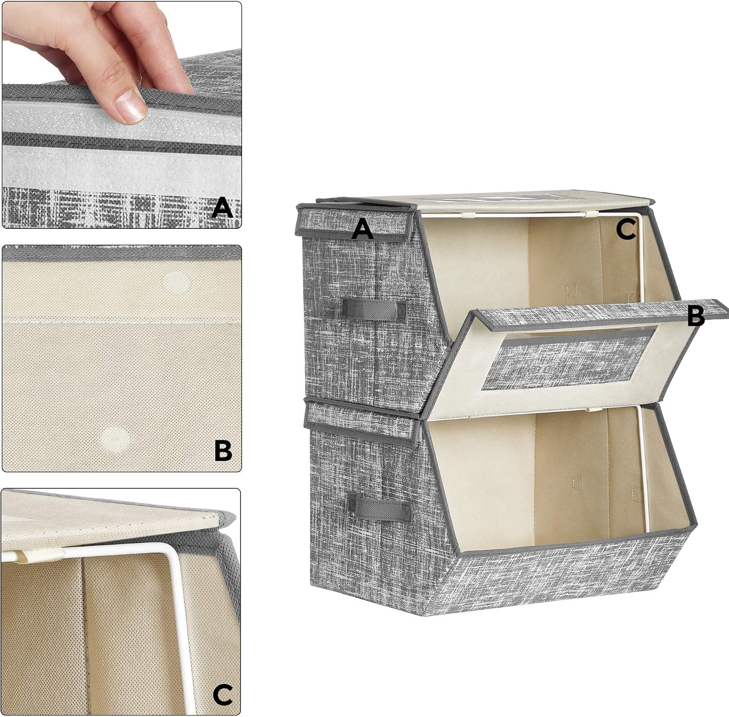 SONGMICS Stackable Storage Bins Set of 2, Fabric Storage Boxes with Lids, Storage Cubes with Magnetic Closures, Front Windows, Lids Can Stay Open after Stacking, Light Gray URLB002G02