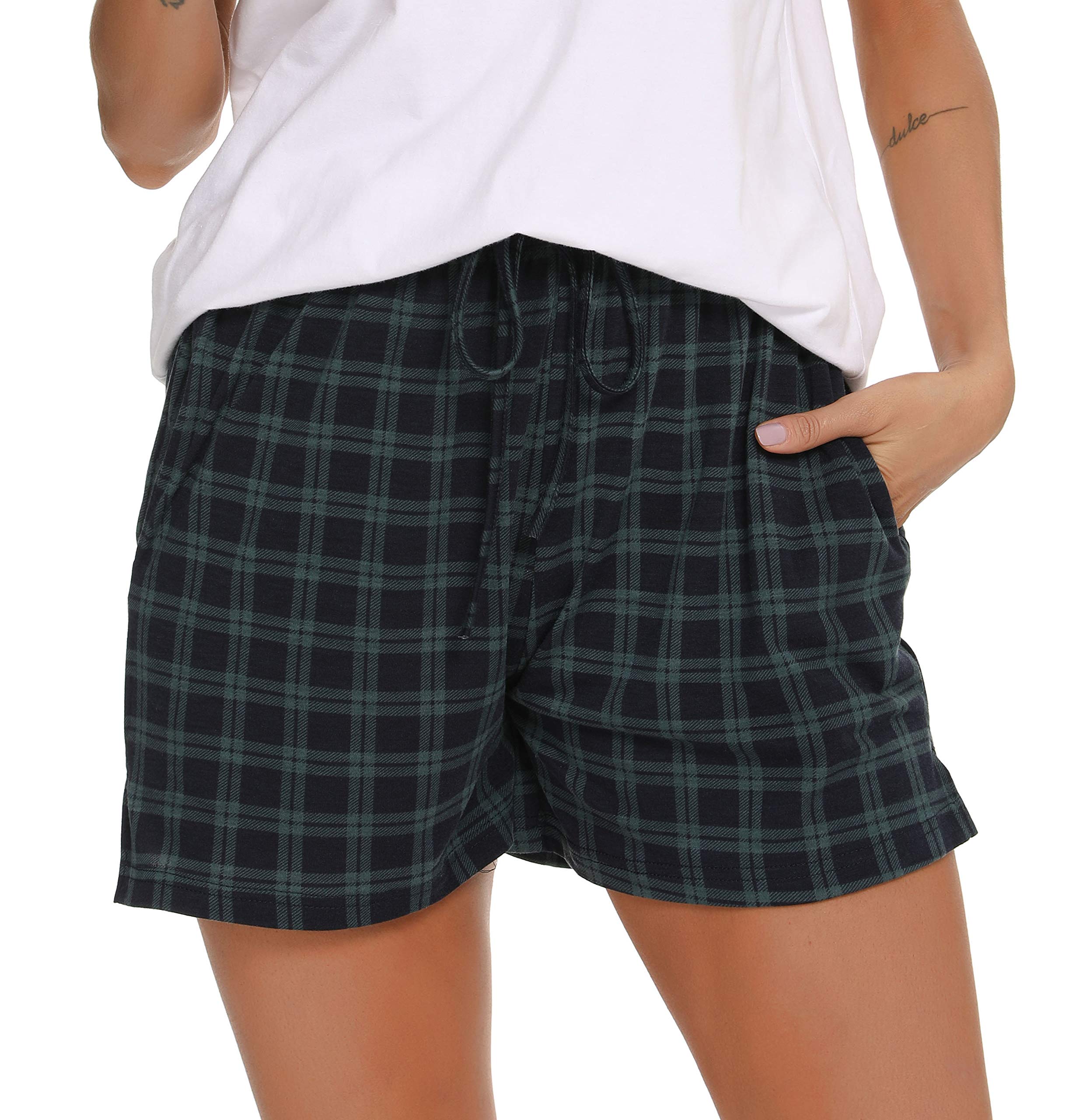 Lovasy Kurze Schlafhose Damen Karierte Schlafshorts mit Taschen und Kordelzug Schlafanzughosen für Damen Sommer Kurzer Pyjamahose