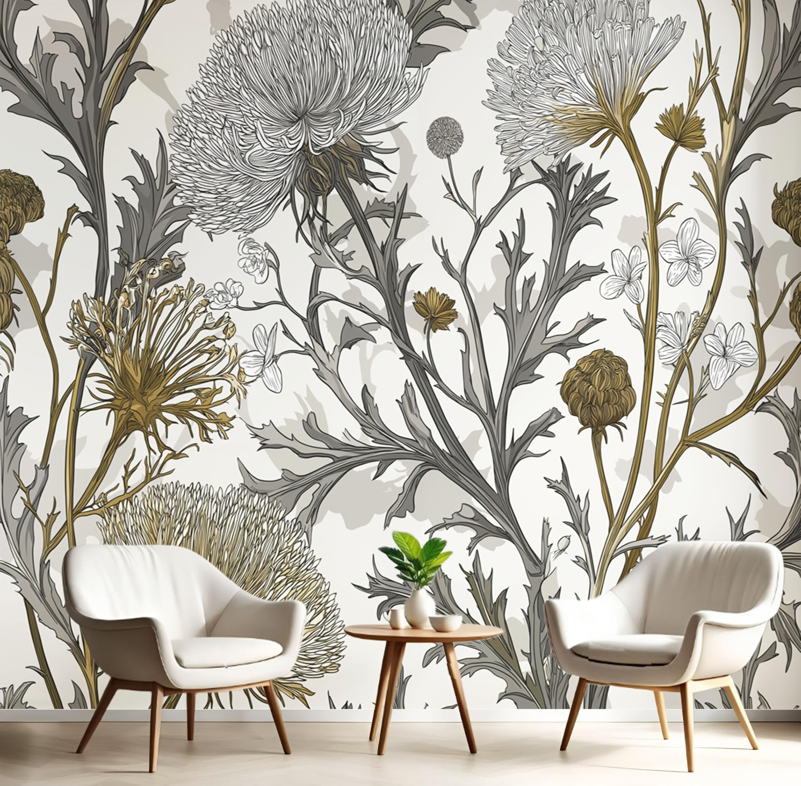 DLERFLOVR Thistle Wallpaper 250x175cm - Line Wildflowers Wall Mural Charcoal Gray Photo Wallpaper Silk Contact Paper for Living Room Bedroom TV Backdrop Hallway