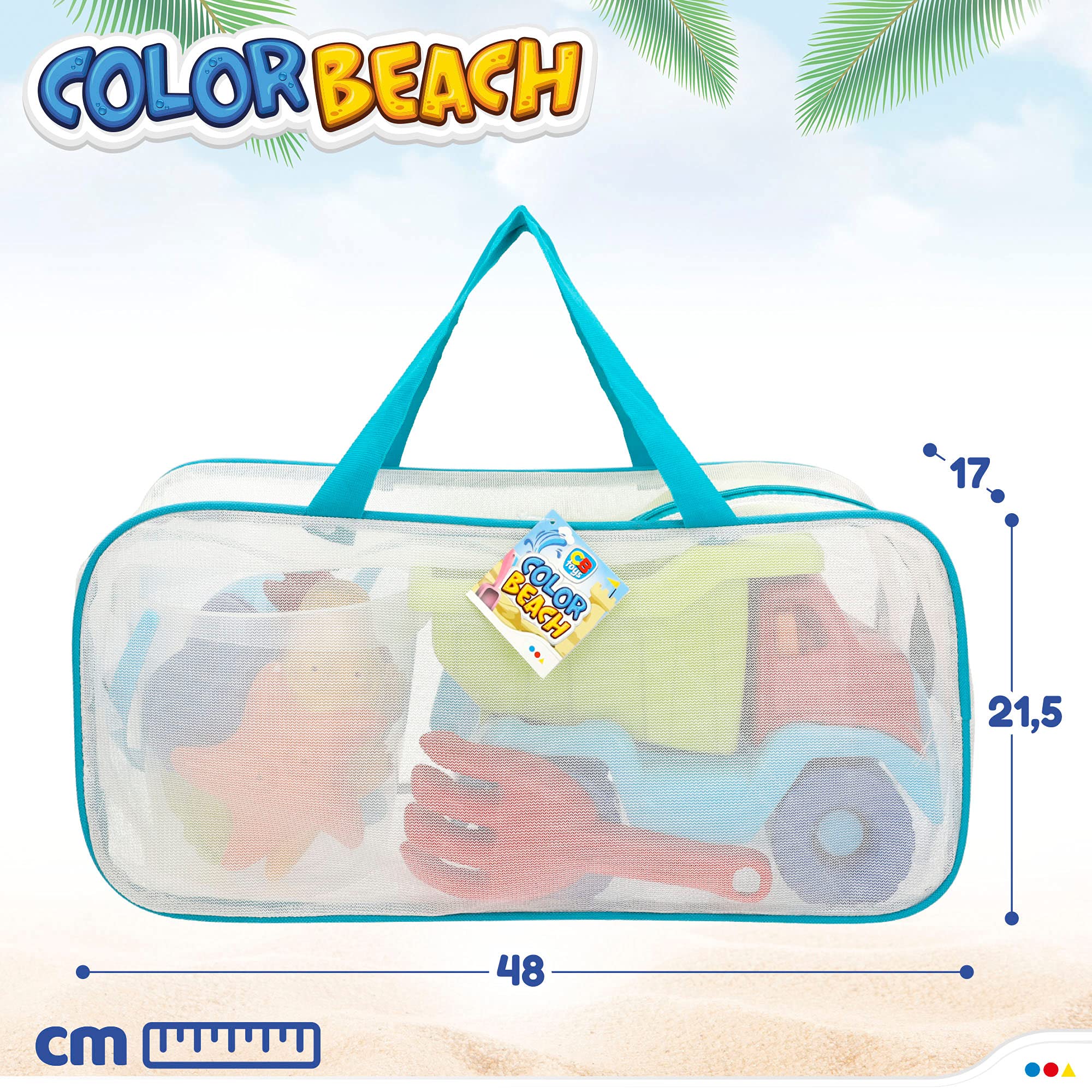 ColorBaby - Juguetes de Playa para niños, Bolsa Juguetes Playa, Cubo Arena, diámetro 18 cm, cedazo, Pala, rastrillo, regadera, camión, moldes Arena, 18mese (49273)