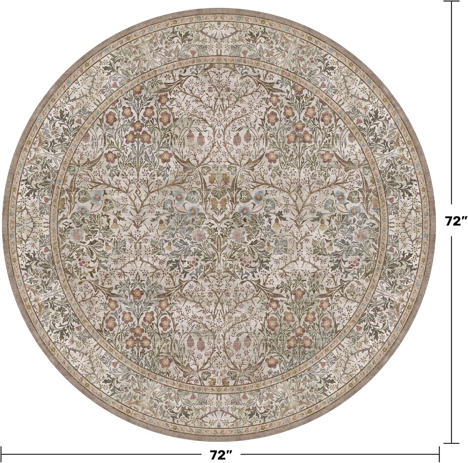 Hazo Haus Boho 6ft Round Rug for Living Room - Floral Circle Rug for Bedroom, Dining Room, Home Office, Washable Low Pile Non Slip, Moss Green & Olive Indoor Aesthetic Décor
