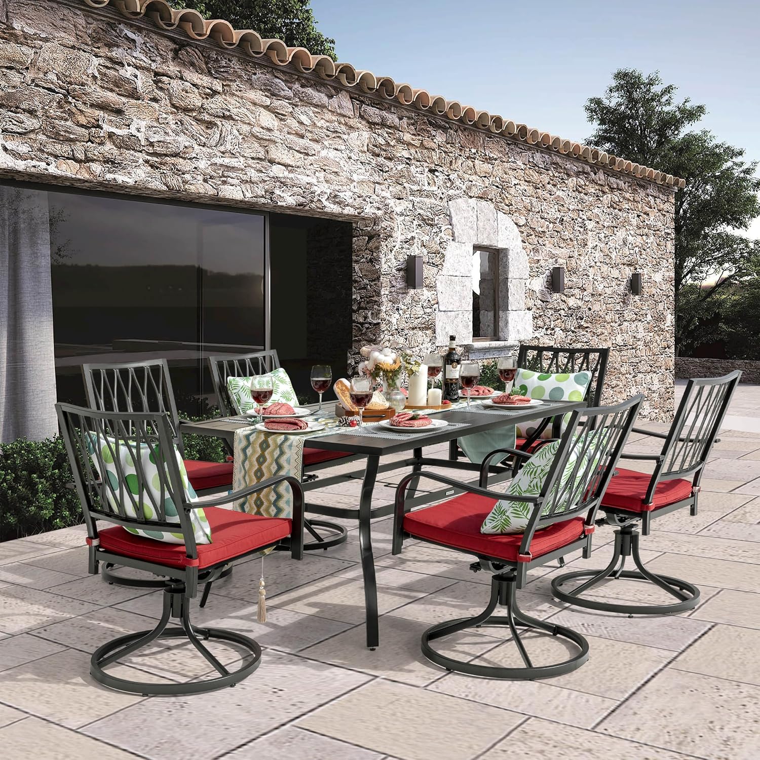 NUU GARDEN 7 Piece Outdoor Dining Set Rectangle Iron Patio Table with Umbrella Hole and 6 Swivel Chairs with Cushions Outdoor Furniture Set for Garden Backyard Black and Red
