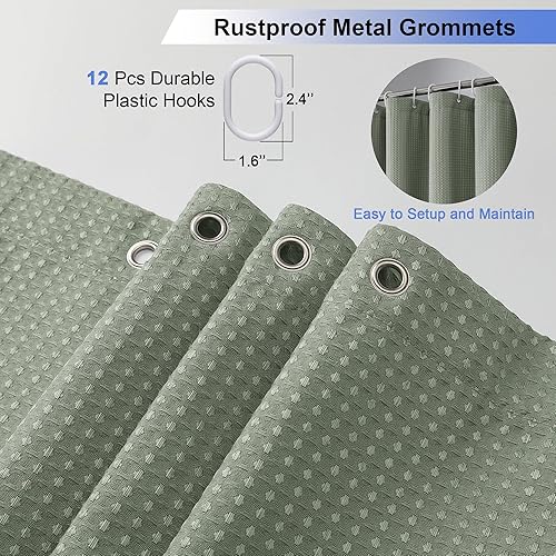 Miniatura 5 de OVZME Juego de cortina de ducha verde salvia, cortina de ducha de tela resistente con textura de gofre para baño, cortina de baño de lujo de 7.06