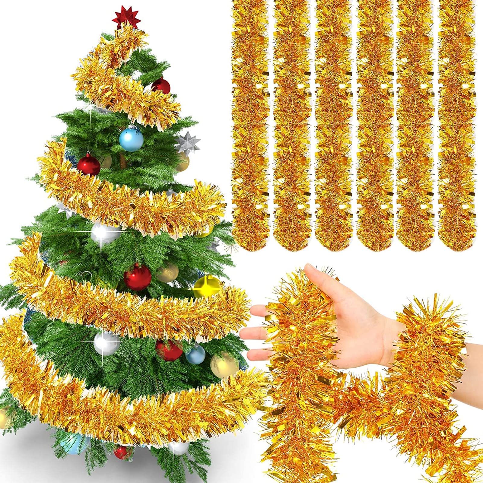 Ghirlanda Natalizia Tinsel Argento 6 Metri – Fronzuto Largo 9 Cm – Decorazione Albero Di Natale Scintillante Con Filo Metallico Pieghevole