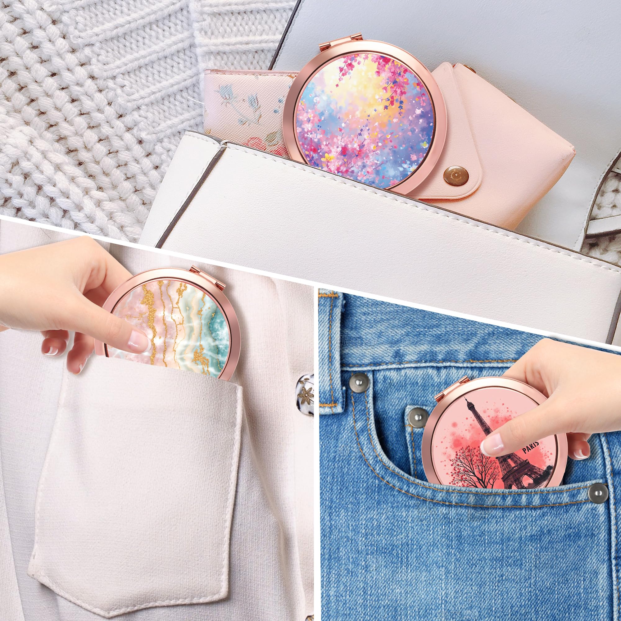 Kompaktspiegel Roségold Schminkspiegel Faltbarer Mini Taschenspiegel Tragbarer Handspiegel Doppelseitig 2 x 1x Vergrößerung für Frau Mädchen - Dreamy Blooms