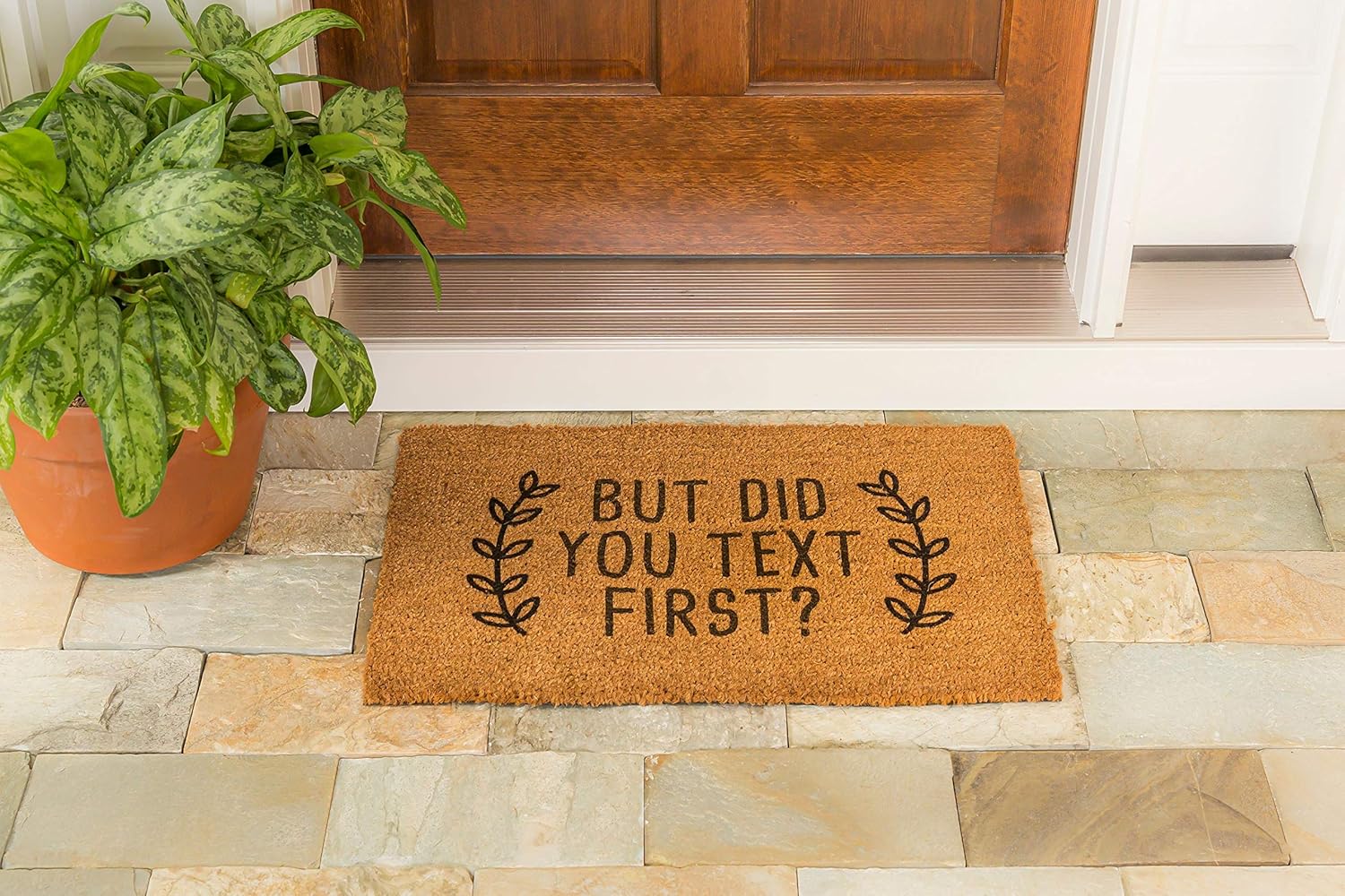 Evergreen Flag Funny Novelty Door Mat But did You Text First?, 28 x 16 Inches, Durable Indoor Outdoor Rug