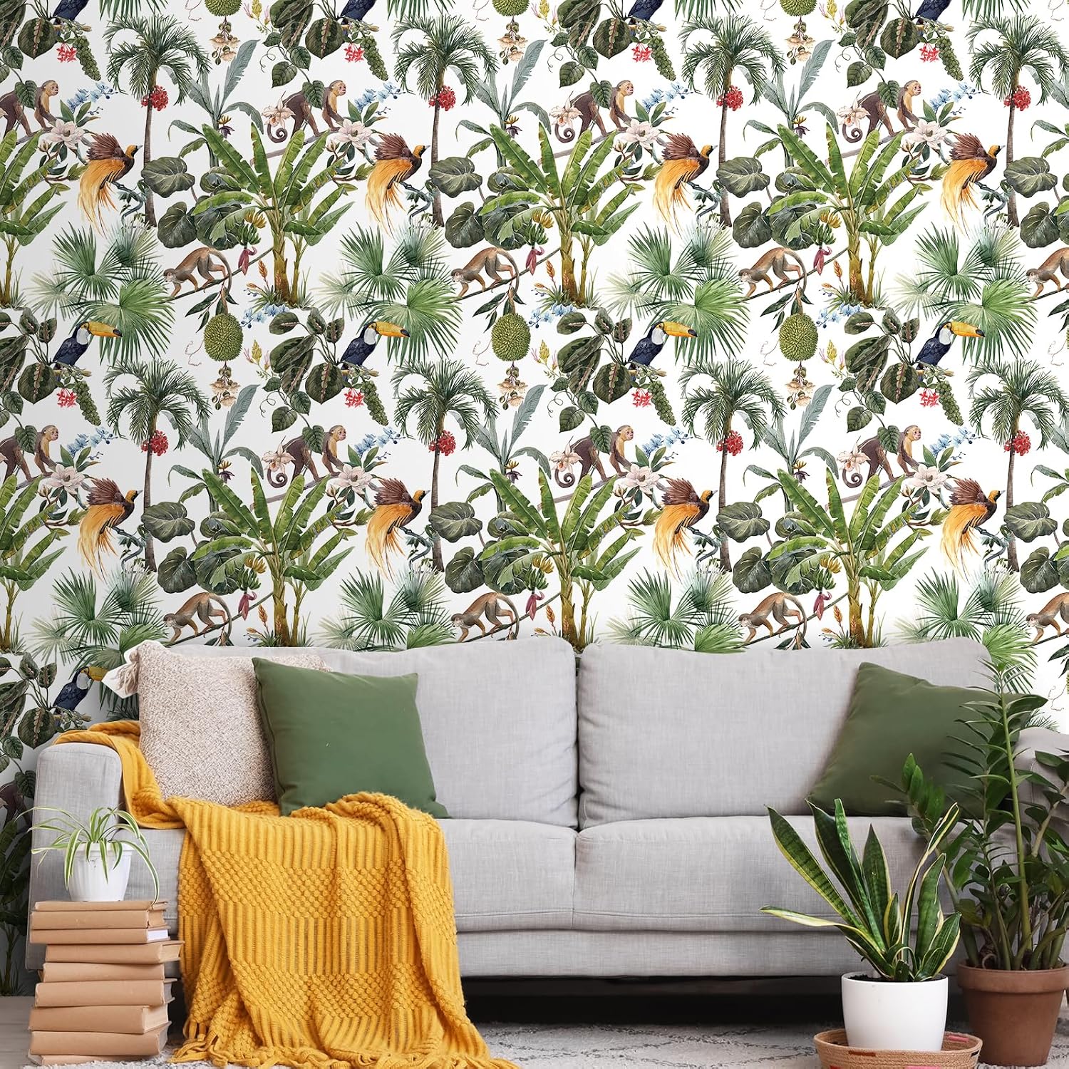 YENHOME Zoo Wallpaper 17.7"X276" Jungle Animal Print Wallpaper Stick and Peel for Kitchen Bathroom Removable Monkey & Bird Animal Wall Paper Self Adhesive Green White Contact Paper for Cabinets Walls
