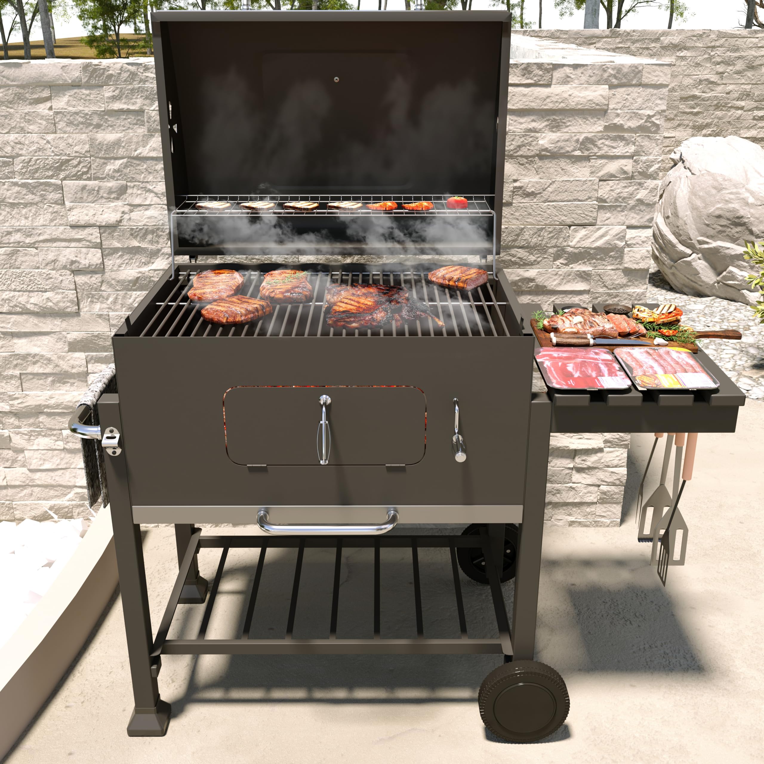 BRICOZONE Barbecue A Carbone In Acciaio Con Termometro Integrato Griglia Regolabile In Altezza
