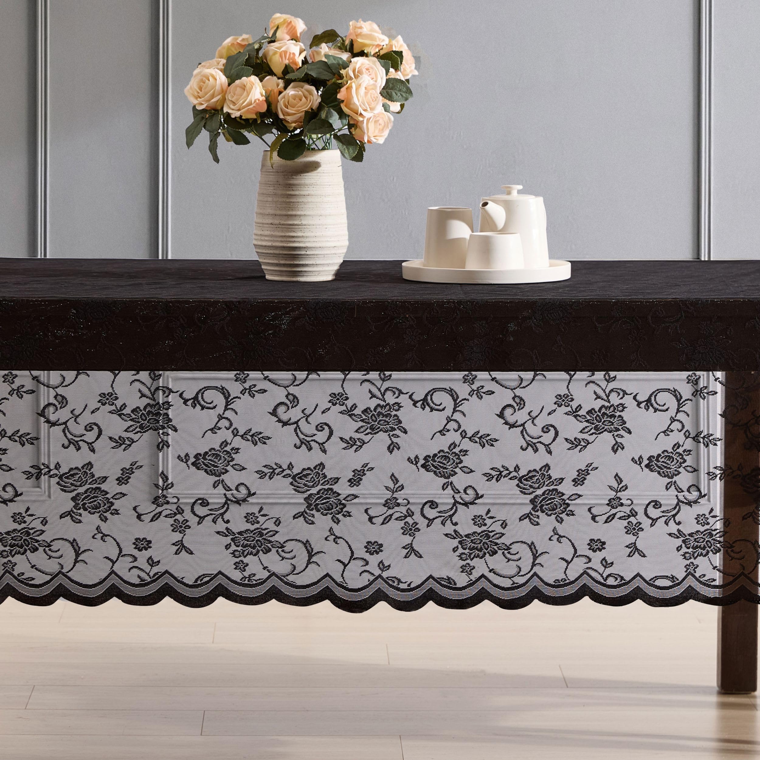HLC.ME Harper - Mantel de Tela de Encaje Floral, Mantel de Tela de Encaje para mesas Redondas, Mantel Resistente a Las Arrugas, Mantel Festoneado Estampado (70 Redondo, Negro)
