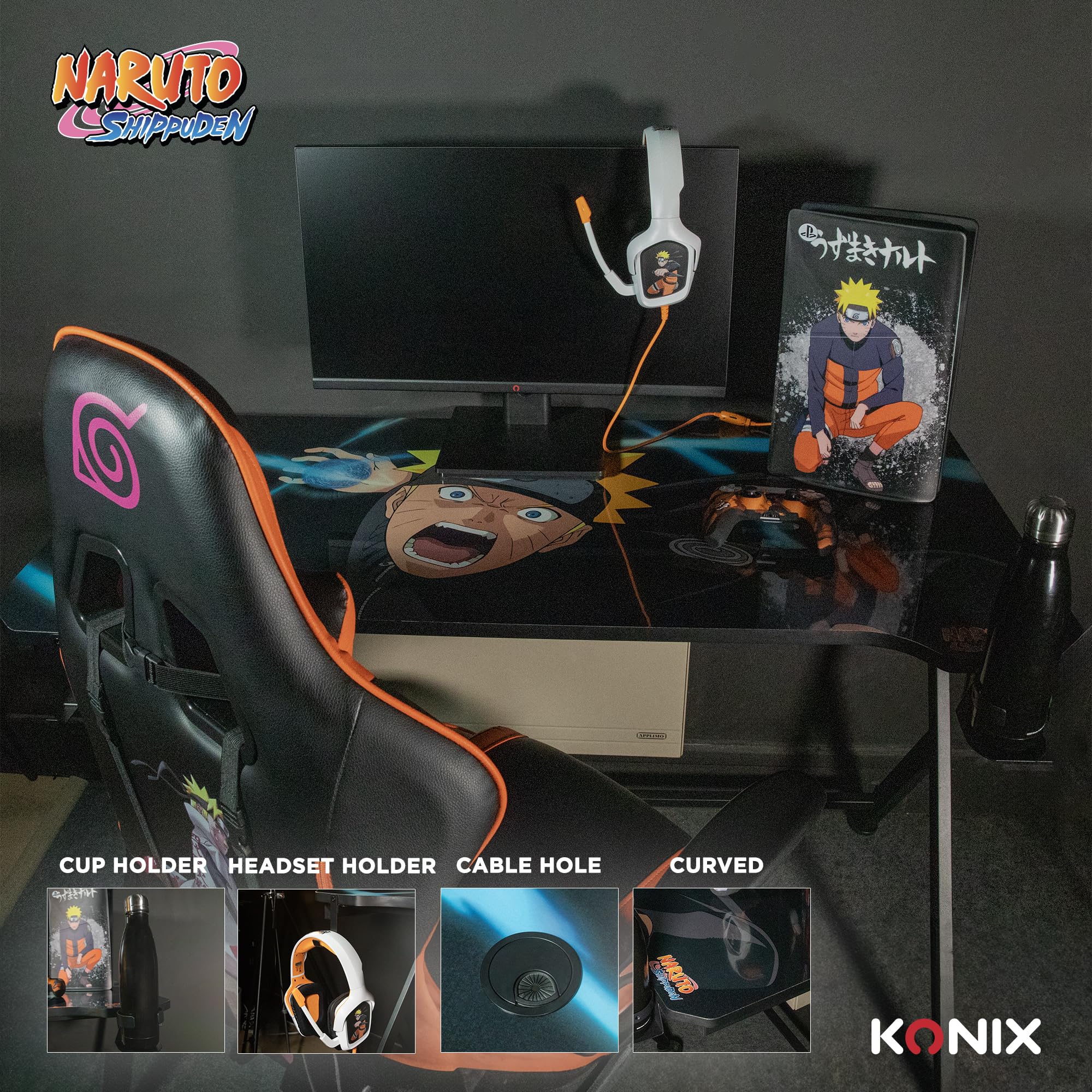 Konix Naruto Shippuden Bureau Gaming 121 x 69 x 76 cm en Forme de Y - Table en Bois et métal - Porte-gobelet - Support Casque - Motif Naruto Rasengan