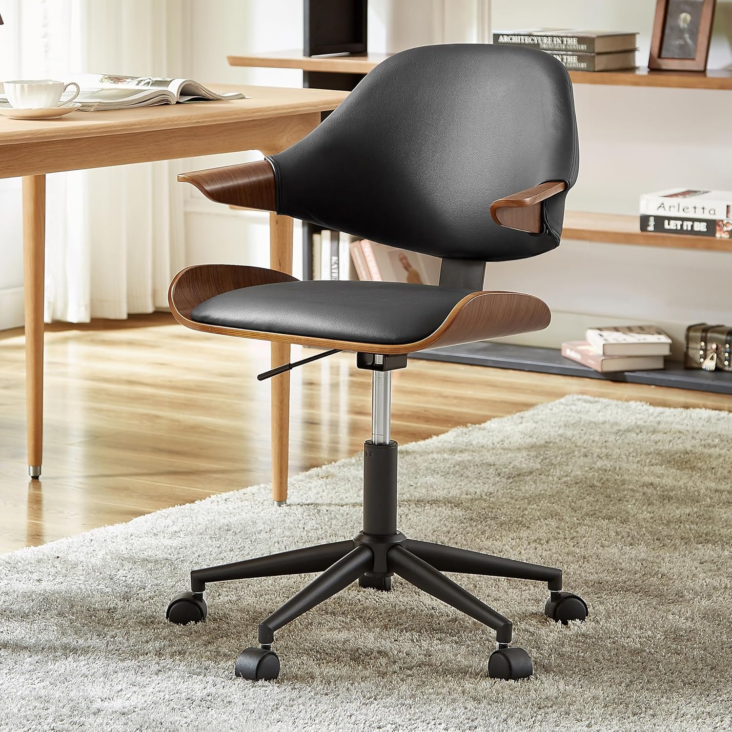 Art Leon Swivel Desk Chair, Mid Century Modern Office Chair with Wheels, Boucle Fabric Upholstered Arm Chair, Adjustable Height Task Chair with Metal Base, Washed Oak Bentwood, White