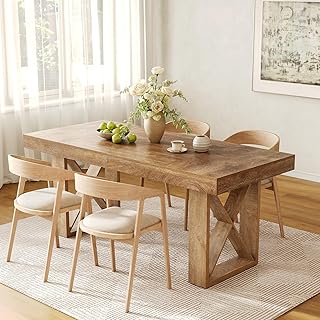 LITTLE TREE 63-Inch Rectangle Dining Table for 4-6 People, Farmhouse Thick Appearance Design, Rectangular Kitchen Dinner Table for Home, Rustic Yellowish Brown