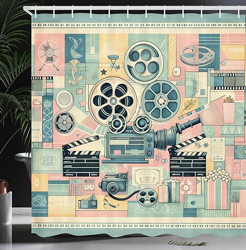Ambesonne Cortina de ducha para amantes del cine, obra de arte cinéfilo de película retro con ruedas y tablilla, juego de decoración de baño de tela disponible en Yaxa Costa Rica