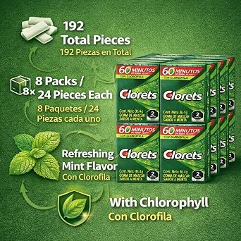 Clorets Chewing Gum Bulk - 8 Pack, 24 Pieces Each, Fresh Mint Gum With Chlorophyll, Extra Gum Pack for Long-Lasting Freshness, Ideal for Chewing Gum Enthusiasts