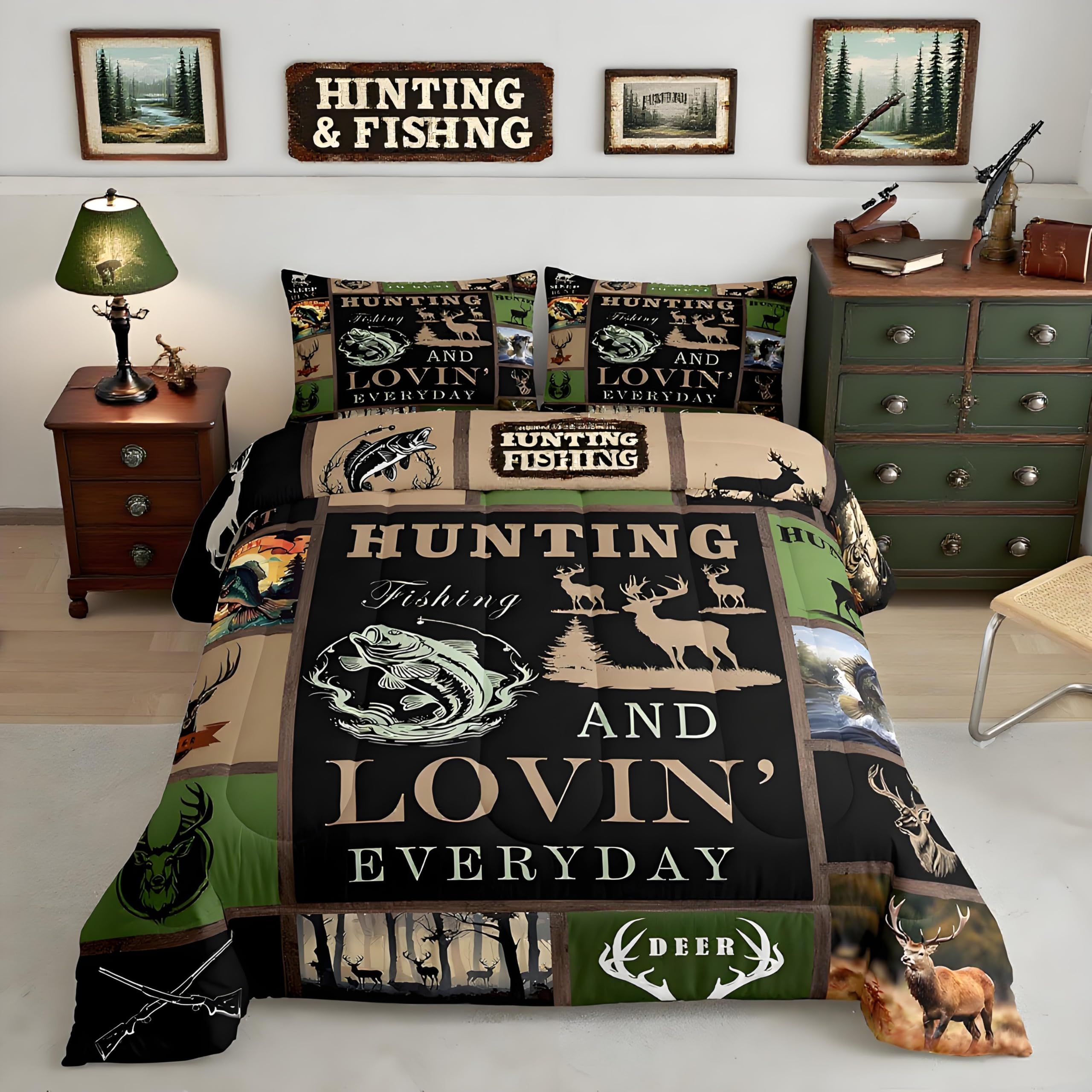 Feelyou Big Pike Fish Bedding Set Toddler Size Deer Comforter Set for Kids Boys Girls Fish and Hunt Duvet Set Antlers Fish Fishing Rod Inner Fill Comforter 1 Comforter Set with 1 Pillowcase