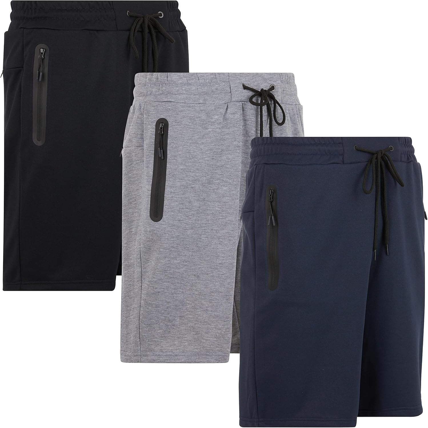 PURE CHAMP Mens 3 Pk French Terry Cotton Casual Gym Shorts for Men Athletic Workout Training Sweat Shorts with Zipper Pocket