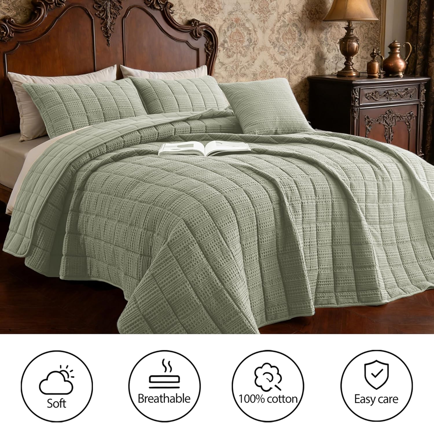 98x106 Cotton Quilt Bedding Set King Size Quilted Bedspread Sets with 2 Shams,3 Pieces Lightweight Soft Bedding Sets for All Season,Green