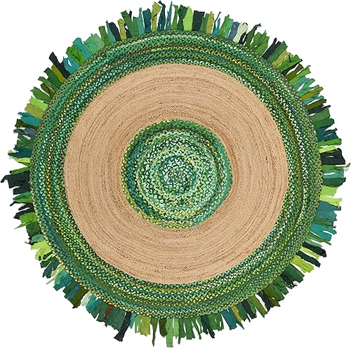 Miniatura 3 de SAFAVIEH Cape Cod Collection - Alfombra redonda de 6 pies, verde y natural, hecha a mano con flecos de yute y algodón, ideal para zonas de alto