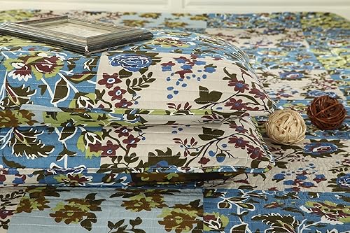 Miniatura 7 de Tache Home Fashion Colcha de algodón hawaiano con diseño floral de retazos Bosque perdido Juego de colcha ligera reversible de verano azul, verde,