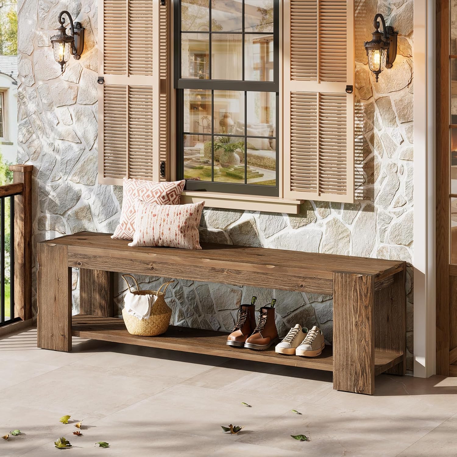 Solid Wood Entryway Bench with Storage Shelf, 55.12-Inch 2-Tier Wood Shoe Bench Seating for Entrance, Hallway, Dining Room, Living Room, Mudroom, Bedroom, Rustic Brown