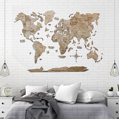 Miniatura 8 de AWESOMETIK TERRA - Mapa del mundo de madera 3D, mapa del mundo de fácil instalación con cinta de doble cara, incluye complementos, madera