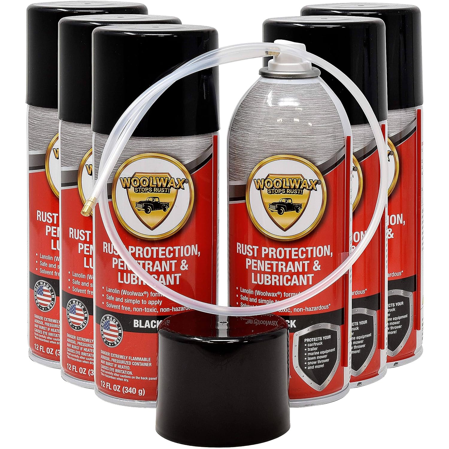 woolwax 12 Oz Undercoating Protection Aerosol Spray Can Black 6 Pack, Rust Inhibitor and Prevention, Anti Corrosion Multi Purpose Penetrant and Lubricant, Spray Can Extension Wand Included