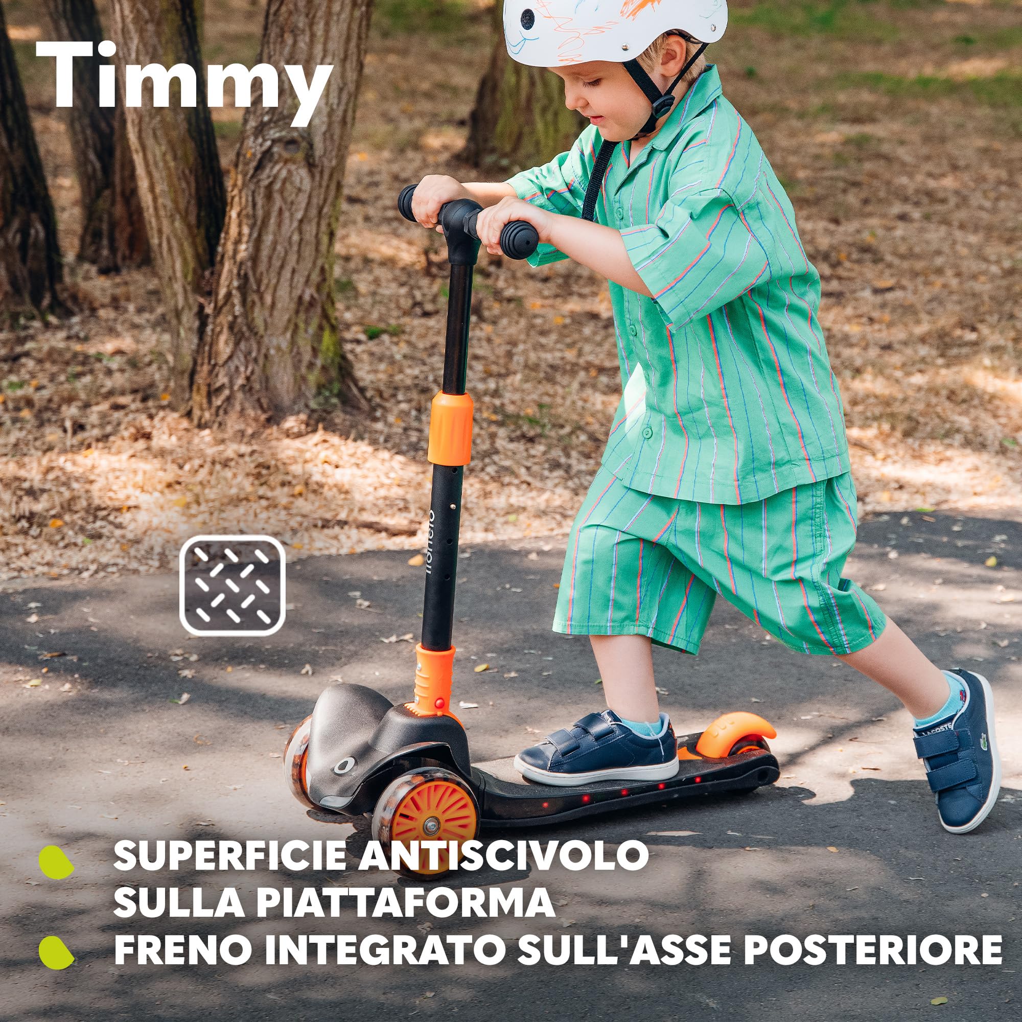 LIONELO Timmy - Monopattino per bambini da 3 anni fino a 50 kg, monopattino a tre ruote con regolazione in altezza, piattaforma antiscivolo, freno, ruote e piattaforma LED