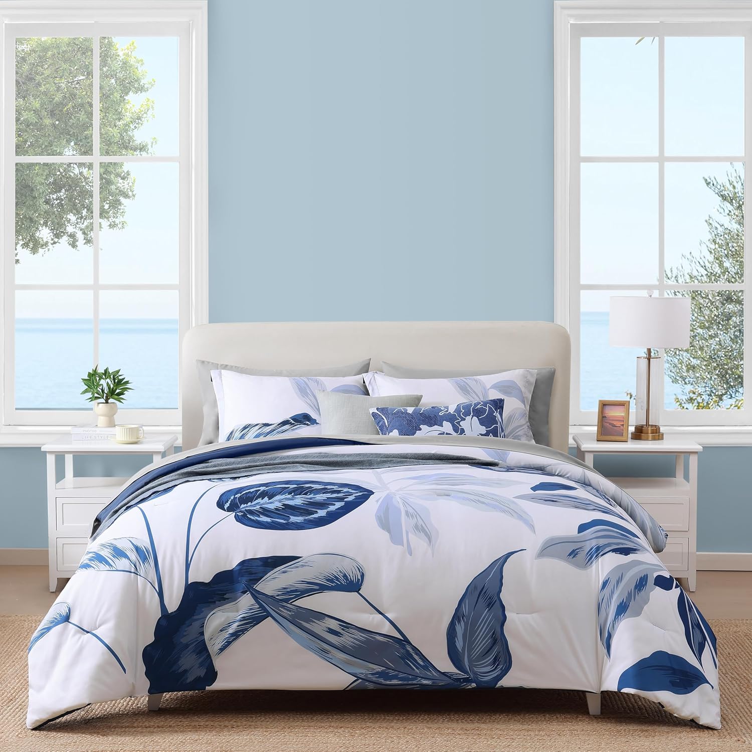 WRENSONGE King Size Comforter Set, 7 Pieces 7 Pieces Blue Tropical Leaves Soft Bedding Sets, Coastal Bed in a Bag, Botanical Printed Comforter with Sheets for All Season Blue White Flower King(102"X90")
