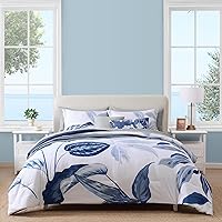 Vista 11 de WRENSONGE Juego de edredón Queen - Juego de ropa de cama suave de 7 piezas con hojas tropicales azules, cama costera en una bolsa, edredón estampado