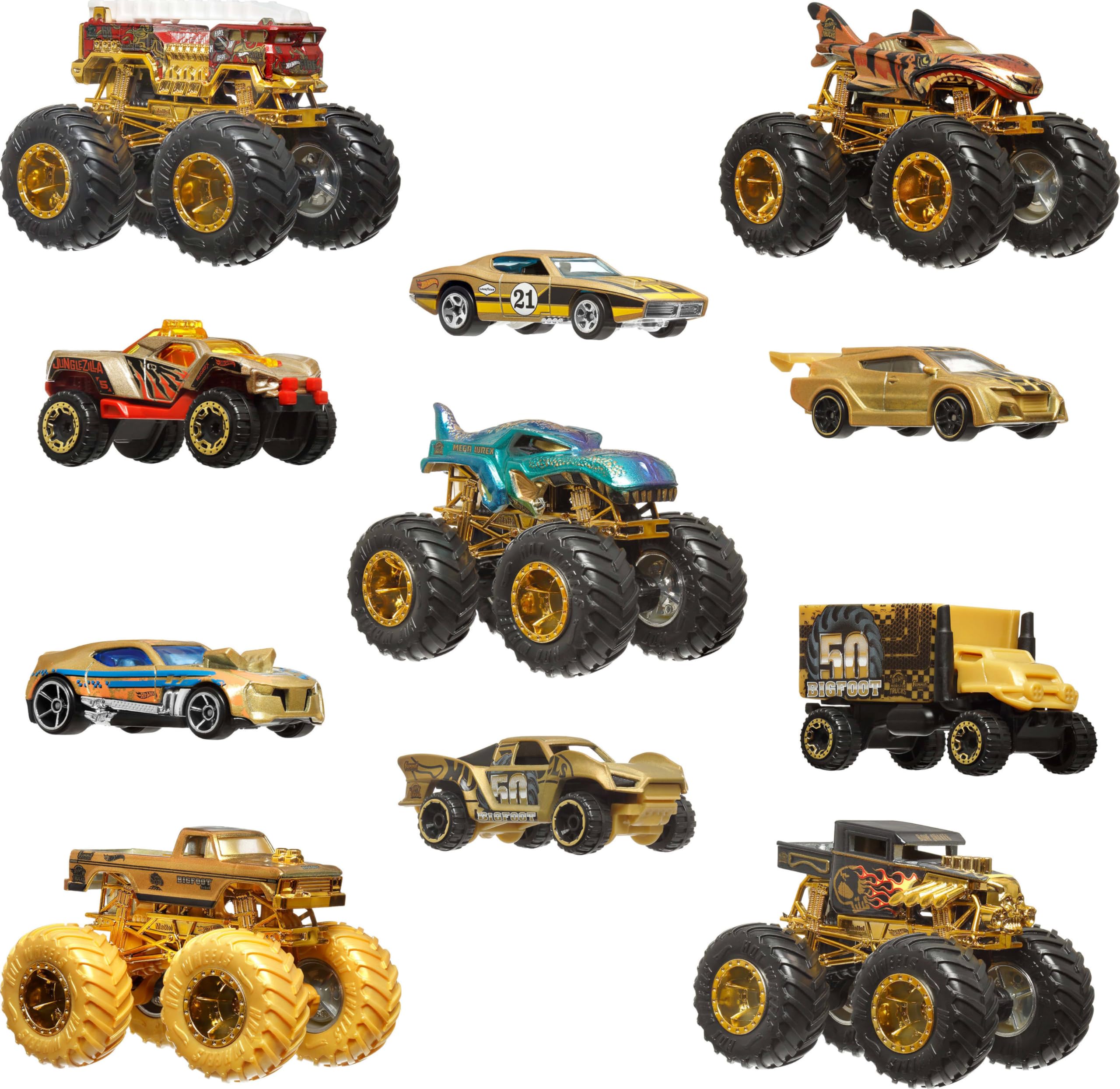 Hot Wheels Monster Trucks Campeones de trofeo Colección de coches y camiones, con vehículos metálicos: Bigfoot, 5-Alarm, Bone Shaker, Mega-Wrex y Tiger Shark, además de seis coches, JDW07 — view 3