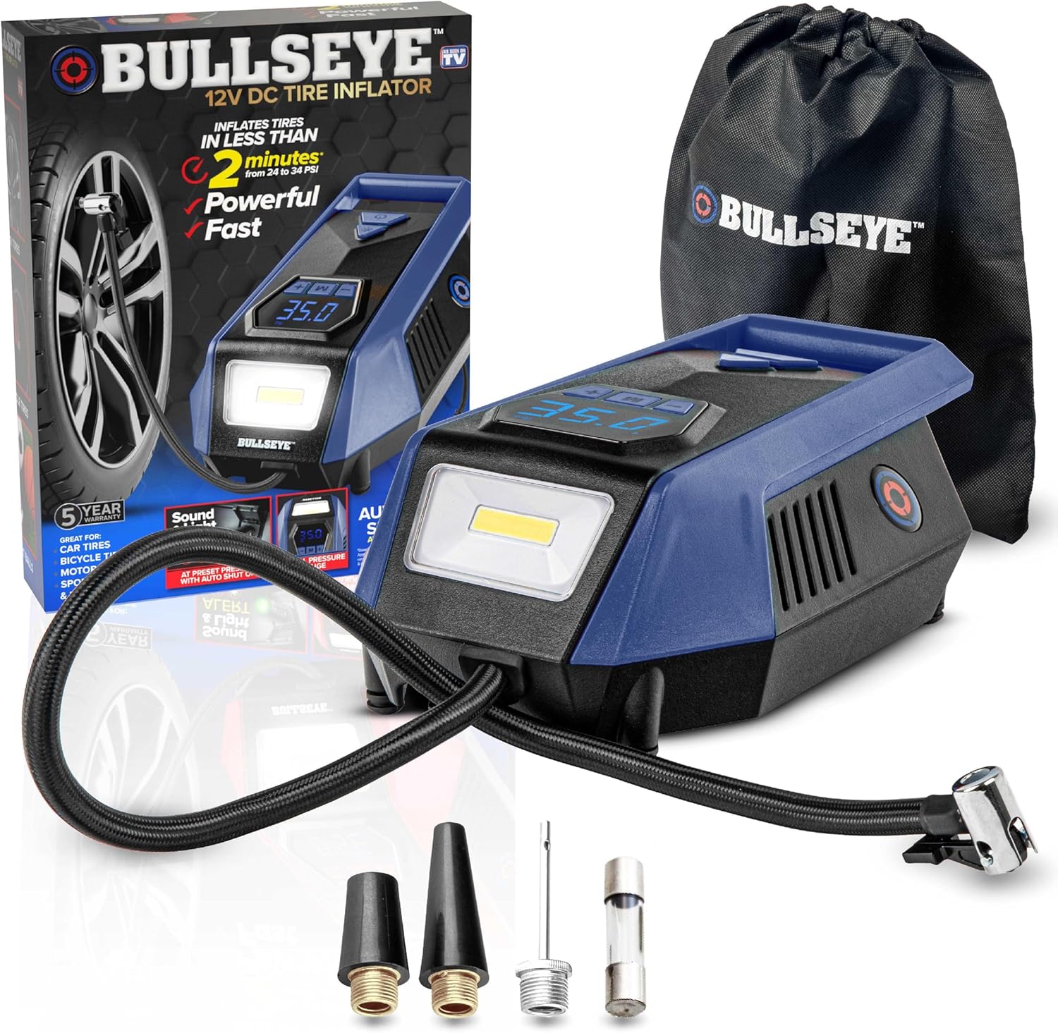 Bullseye 12V DC Car Tire Inflator Portable Air Compressor - Rapid 2 Minute Inflation, Auto Shut-Off, Max 150 PSI, Easy Cord Storage, Digital Pressure Gauge, LED Display (Royal Blue) - As Seen on TV