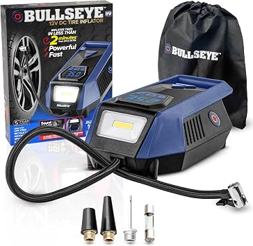 Bullseye 12V DC Car Tire Inflator Portable Air Compressor - Rapid 2 Minute Inflation, Auto Shut-Off, Max 150 PSI, Easy Cord Storage, Digital Pressure Gauge, LED Display Royal Blue - As Seen on TV