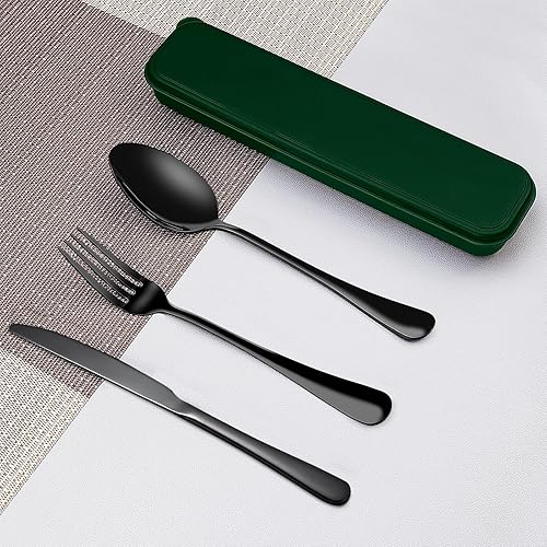 Miniatura 3 de Juego de cubiertos portátiles con estuche, cuchara y tenedor de acero inoxidable 188 para lonchera, 3 piezas, cubiertos ideales para viajes,