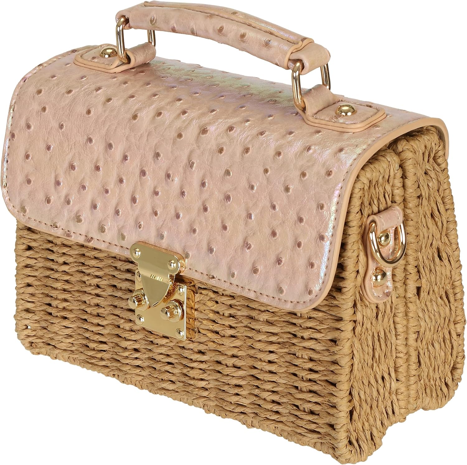 Women's Straw Bag Handmade - Vegan Leather Top-handle Handbags, with Gold and Crocodile Embossed, Summer Purse