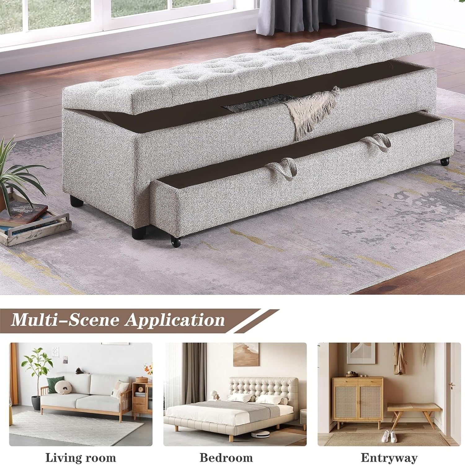 Mlmh & Kngwa 60" W End of Bed Storage Bench King Size Bedroom Bench Large Ottoman Upholstered Benches Window Seat for Living Room Entryway, Beige