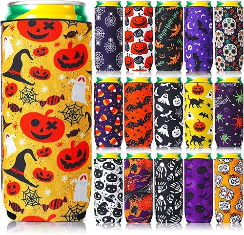 Zhehao 16 fundas para enfriar latas de Halloween de neopreno con aislamiento de neopreno para adultos, regalos de fiesta de Halloween, calabaza,