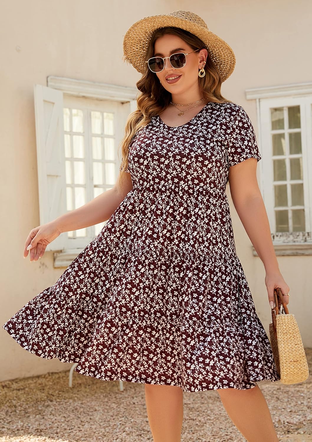 Women's Plus Size Casual Summer Tiered Dresses Short Sleeve Scoop Neck Ruffle Hem Loose Fitting Midi Babydoll Dress - Image 3