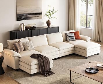 LINSY HOME 157" Modular U-Shaped Sectional Sofa, 4-Seat Corduroy Modern Cloud Couch with Deep Seat & 2 Movable Ottoman, Perfect for Living Room, Office, Bedroom, Beige