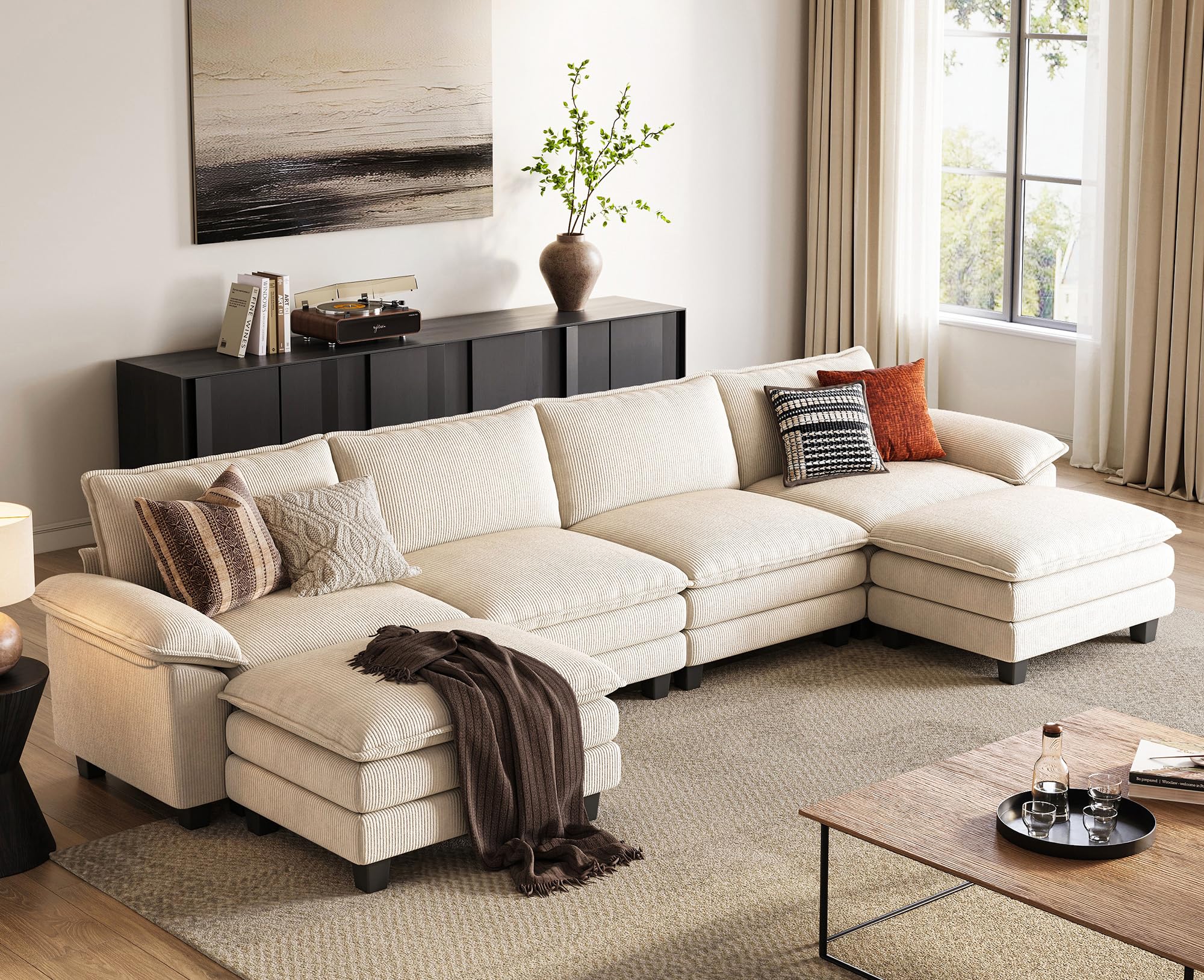 Photo 1 of ***UPDATED 6/5***LINSY HOME 157'' Modular Sectional Sofa Beige Couch Corduroy Cloud Couches for Living Room, U Shaped Couch with Movable Ottoman, Modern Cloud Sectional Sofas for Bedroom and Apartment, Beige