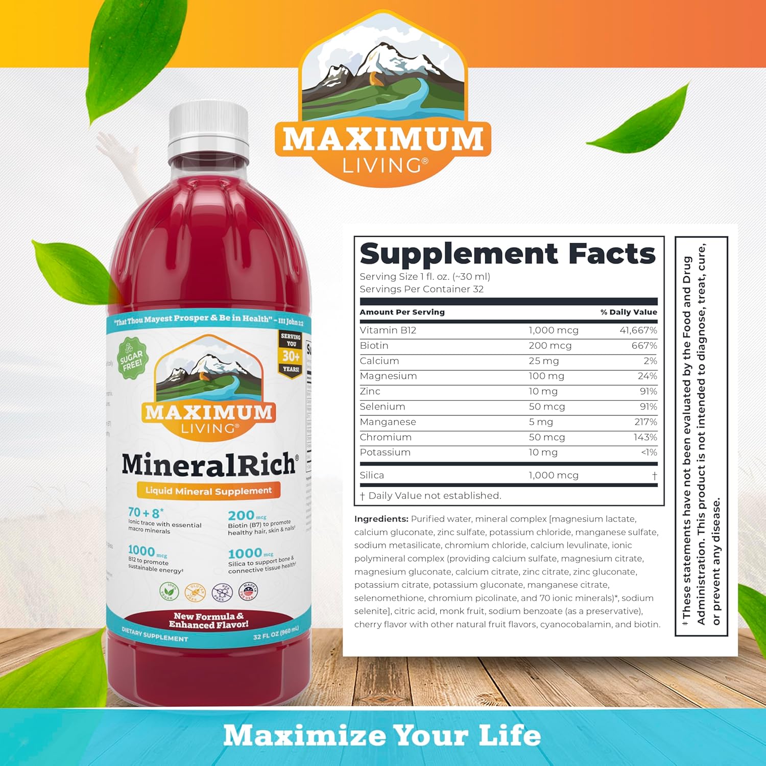 Maximum Living MineralRich - Minerals Supplement - Sugar Free Liquid Blend of Vitamins and Trace Minerals - 32 oz
