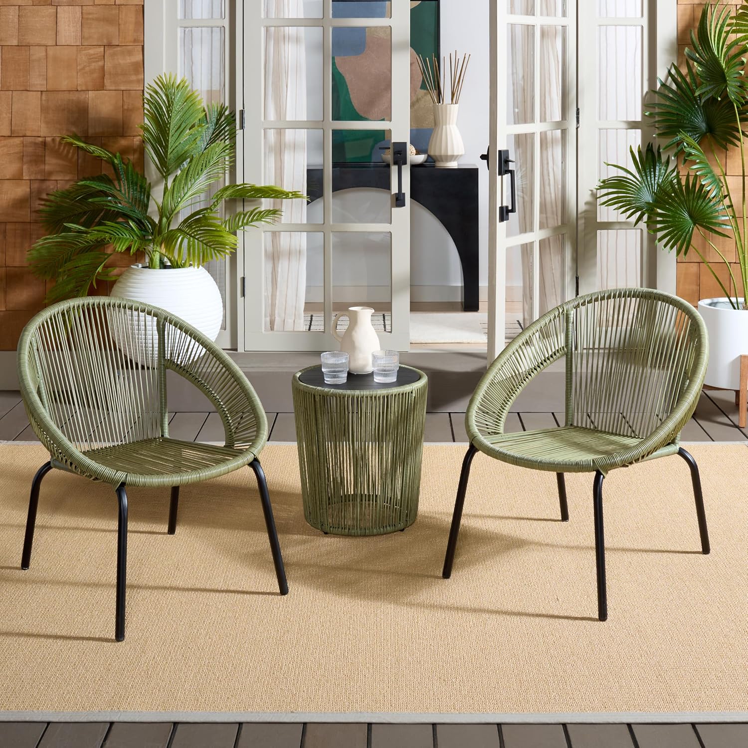 SAFAVIEH Outdoor Patio Furniture Collection - Otto Green & Black Rattan 3-Piece Bistro Set with 2 Chairs and Accent Table (PAT7549B)