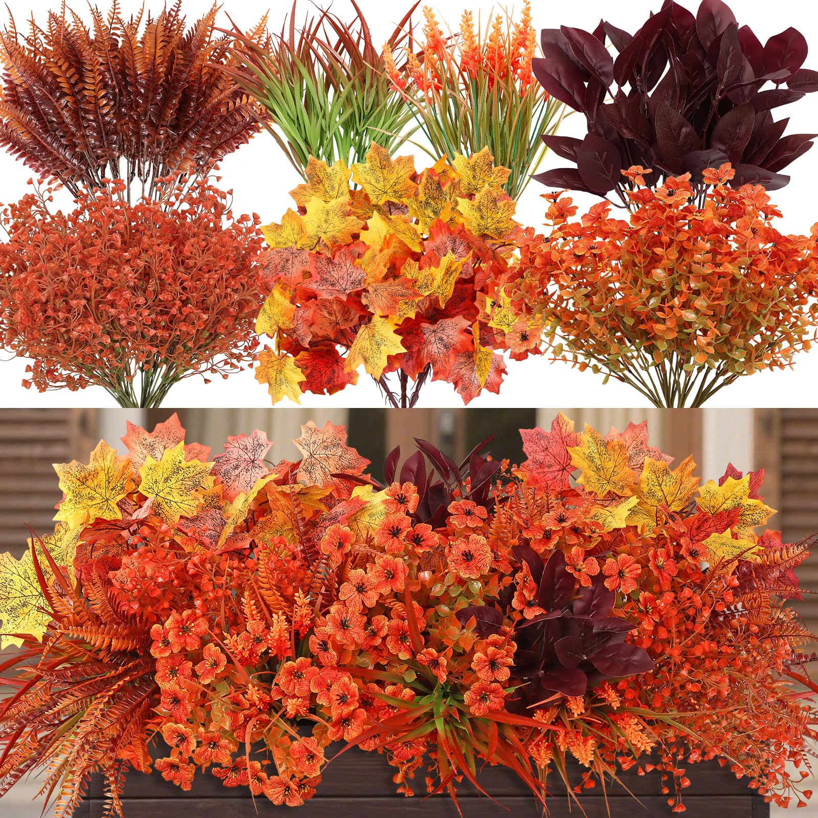 Dremisland 24 Bundles Artificial Fall Flowers for Outdoor Decoration UV Resistant Fake Mums Plants Daisy with Eucalyptus Autumn Faux Boston Fern Bushes Plastic Plants for Indoor Outside Yard